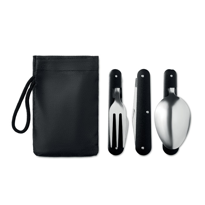 Set posate da campeggio in acciaio inossidabile con manico in alluminio — gadget promozionale personalizzabile con il tuo logo