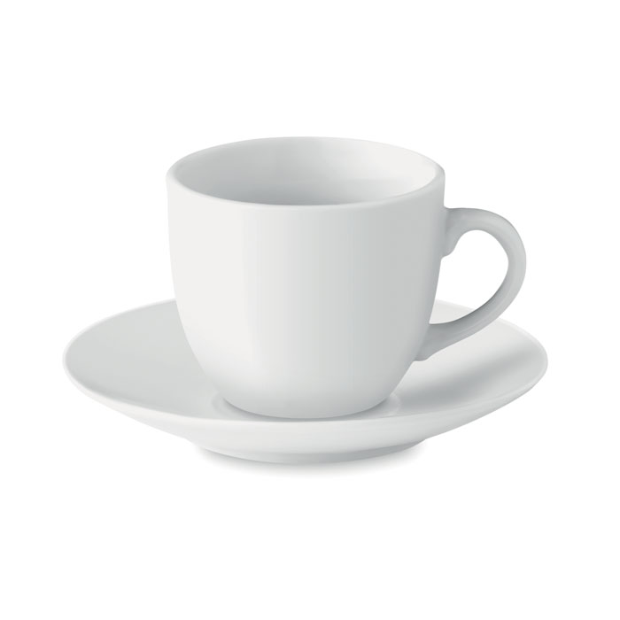 Tazzina da caffè in porcellana, con piattino — gadget promozionale personalizzabile con il tuo logo