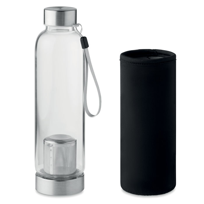 Bottiglia in vetro borosilicato con infusore thè e pouch in neoprene — gadget promozionale personalizzabile con il tuo logo