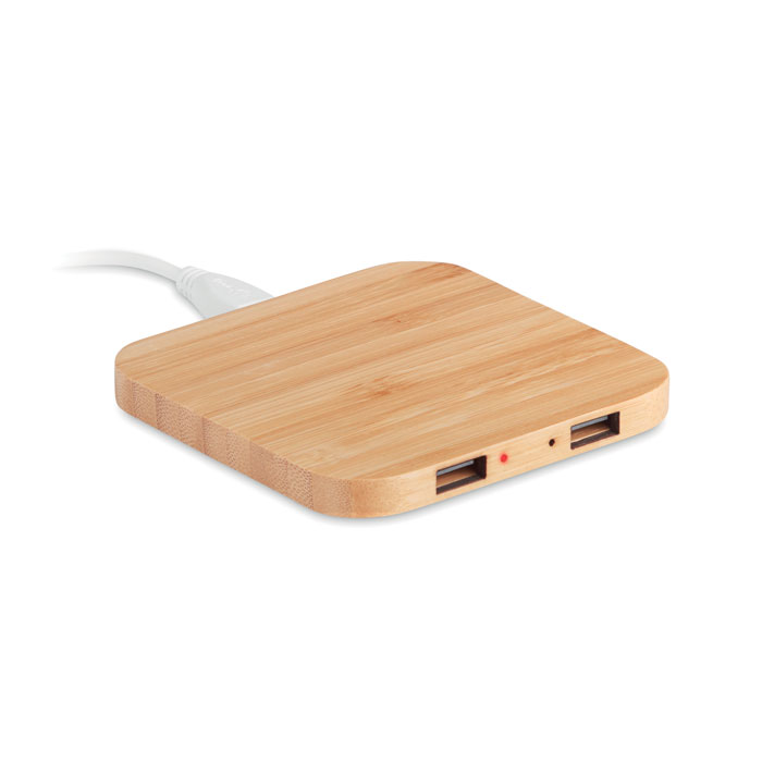 Caricatore wireless in bamboo — gadget promozionale personalizzabile con il tuo logo