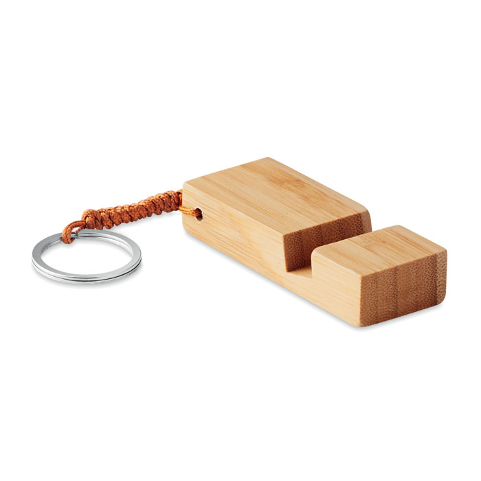 Portachiavi e stand telefono in bamboo — gadget promozionale personalizzabile con il tuo logo