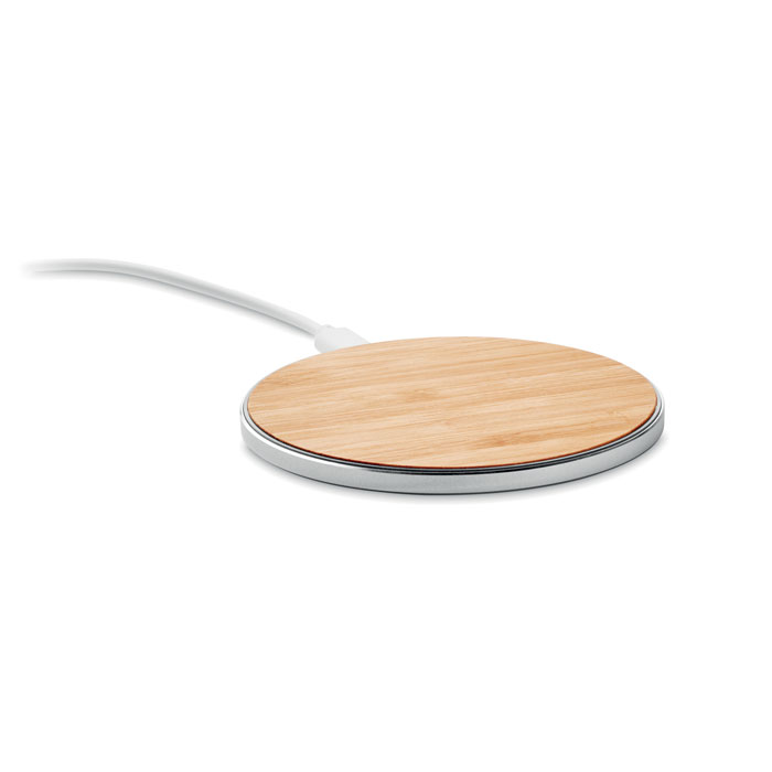 Caricatore wireless in bamboo — gadget promozionale personalizzabile con il tuo logo
