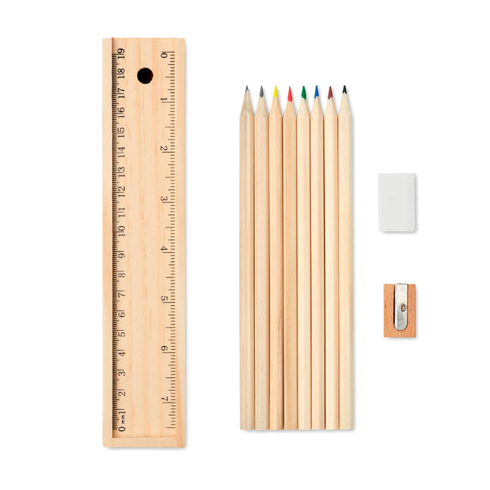 Set 12 penne in box di legno (2 matite nere/6 matite colorate, 1 gomma da cancellare, 1 temperino, 1 righello incorporato nella scatola) — gadget promozionale personalizzabile con il tuo logo