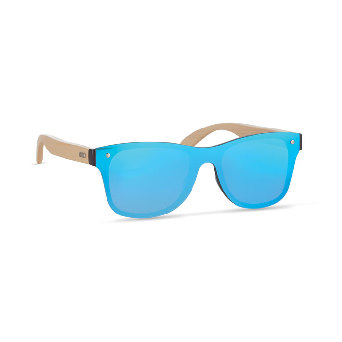 Occhiali da sole con lenti specchiate all over e aste in bamboo — gadget promozionale personalizzabile con il tuo logo