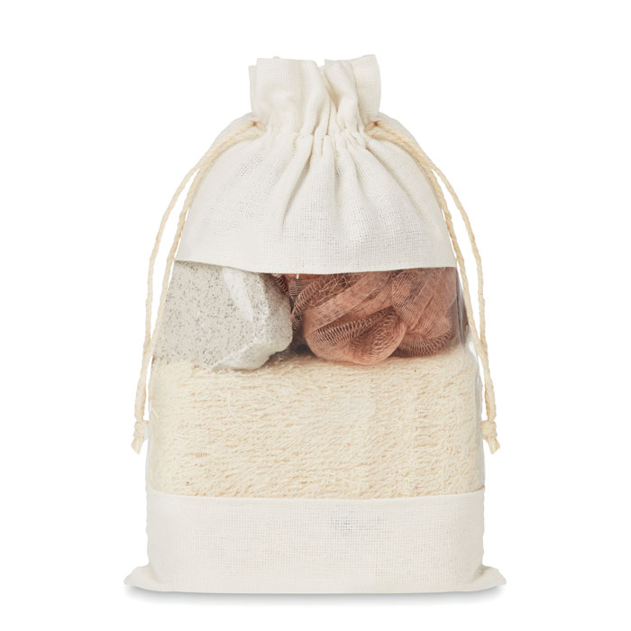 Set bagno in pouch di cotone — gadget promozionale personalizzabile con il tuo logo