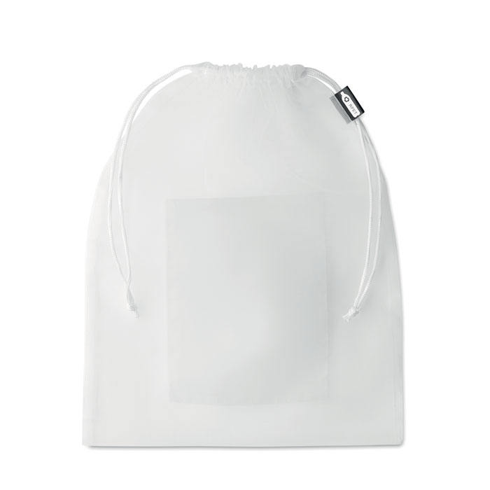 Sacca a rete per la sepsa con tasca frontale in RPET e coulisse in corda — gadget promozionale personalizzabile con il tuo logo