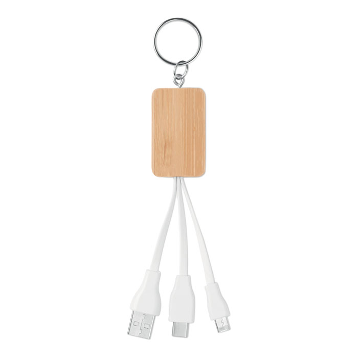 Cavo 3 in 1 in bamboo — gadget promozionale personalizzabile con il tuo logo
