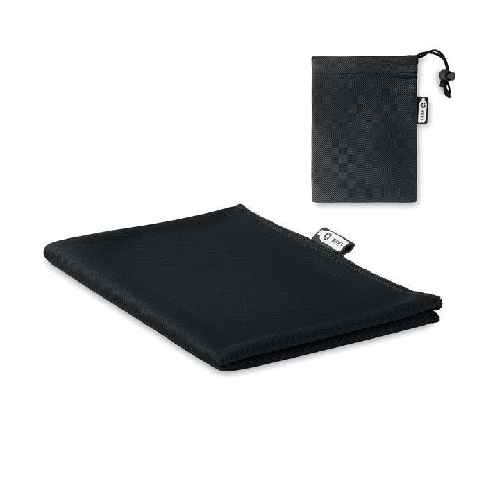 Asciugamano sportivo in RPET altamente assorbente, in sacca in rete (non woven) — gadget promozionale personalizzabile con il tuo logo