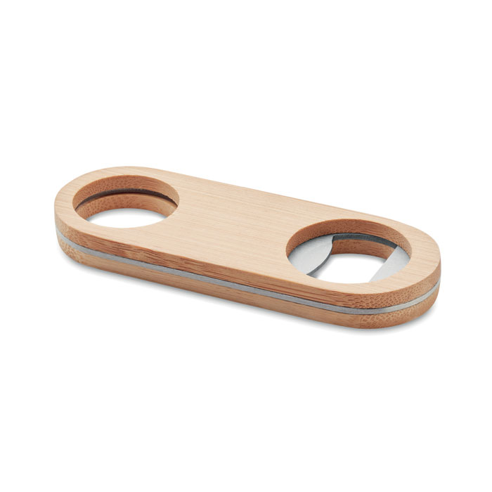 Apribottiglie in bamboo — gadget promozionale personalizzabile con il tuo logo