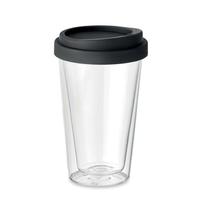 Bicchiere in vetro doppio strato borosilicato, con coperchio in silicone — gadget promozionale personalizzabile con il tuo logo