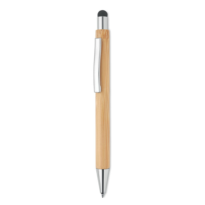 Penna a sfera a pulsante in bamboo con stilo e finitura cromata lucida — gadget promozionale personalizzabile con il tuo logo