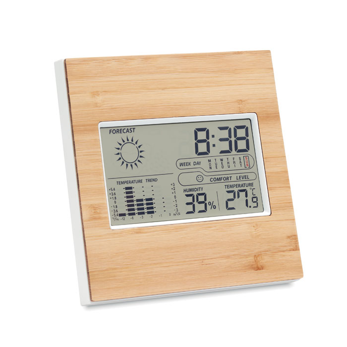 Stazione meteo in bamboo — gadget promozionale personalizzabile con il tuo logo