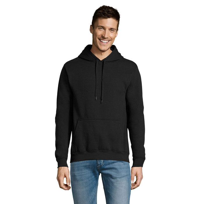 SOL'S SLAM, Felpa con cappuccio unisex, 50% cotone ringspun - 50% poliestere spazzolato 320, polsini e orlo a coste in elastan, tasca a canguro, cappuccio con occhielli e coulisse tono su tono, tubolare — gadget promozionale personalizzabile con il tuo logo
