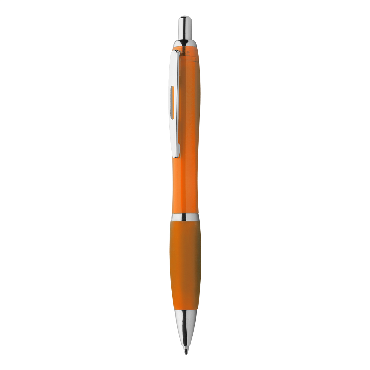 Penna a sfera in plastica con corpo trasparente, impugnatura coordinata e parti cromate lucide — gadget promozionale personalizzabile con il tuo logo