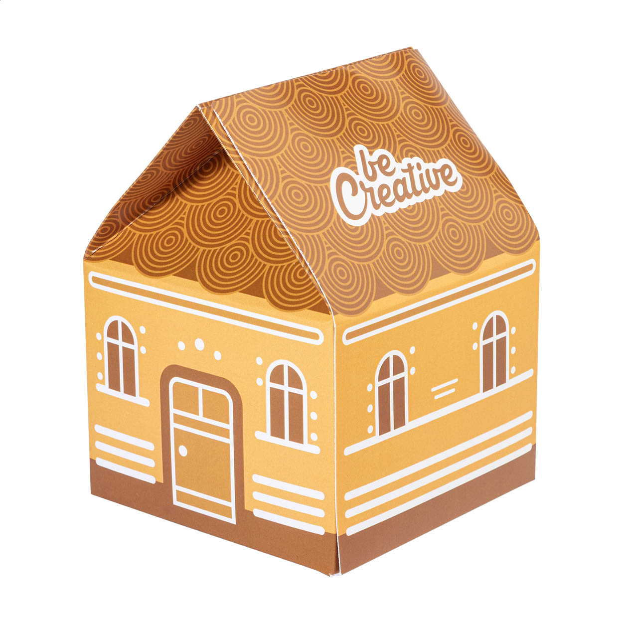 Scatola regalo in cartoncino personalizzabile con stampata a colori, a forma di casetta — gadget promozionale personalizzabile con il tuo logo