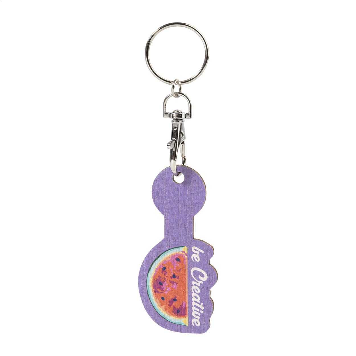 Portachiavi con moschettone in metallo e gettone per carrello della spesa in compensato di betulla stampabile a colori — gadget promozionale personalizzabile con il tuo logo