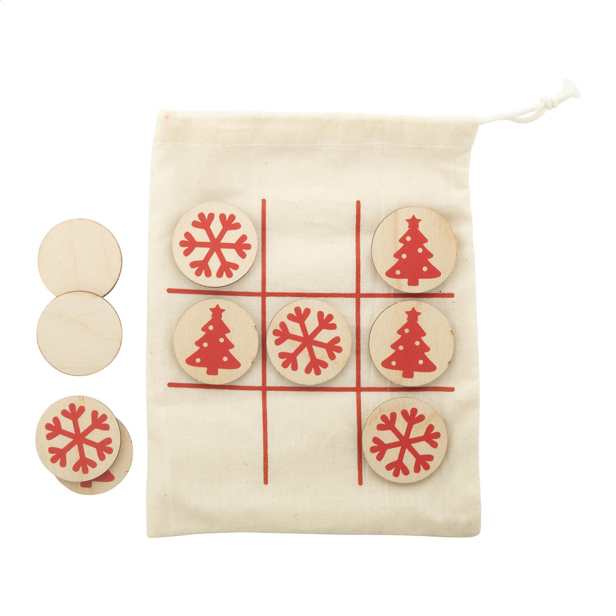 Gioco tris con design Natalizio in compensato di betulla con 10 pedine e sacchetto in cotone — gadget promozionale personalizzabile con il tuo logo