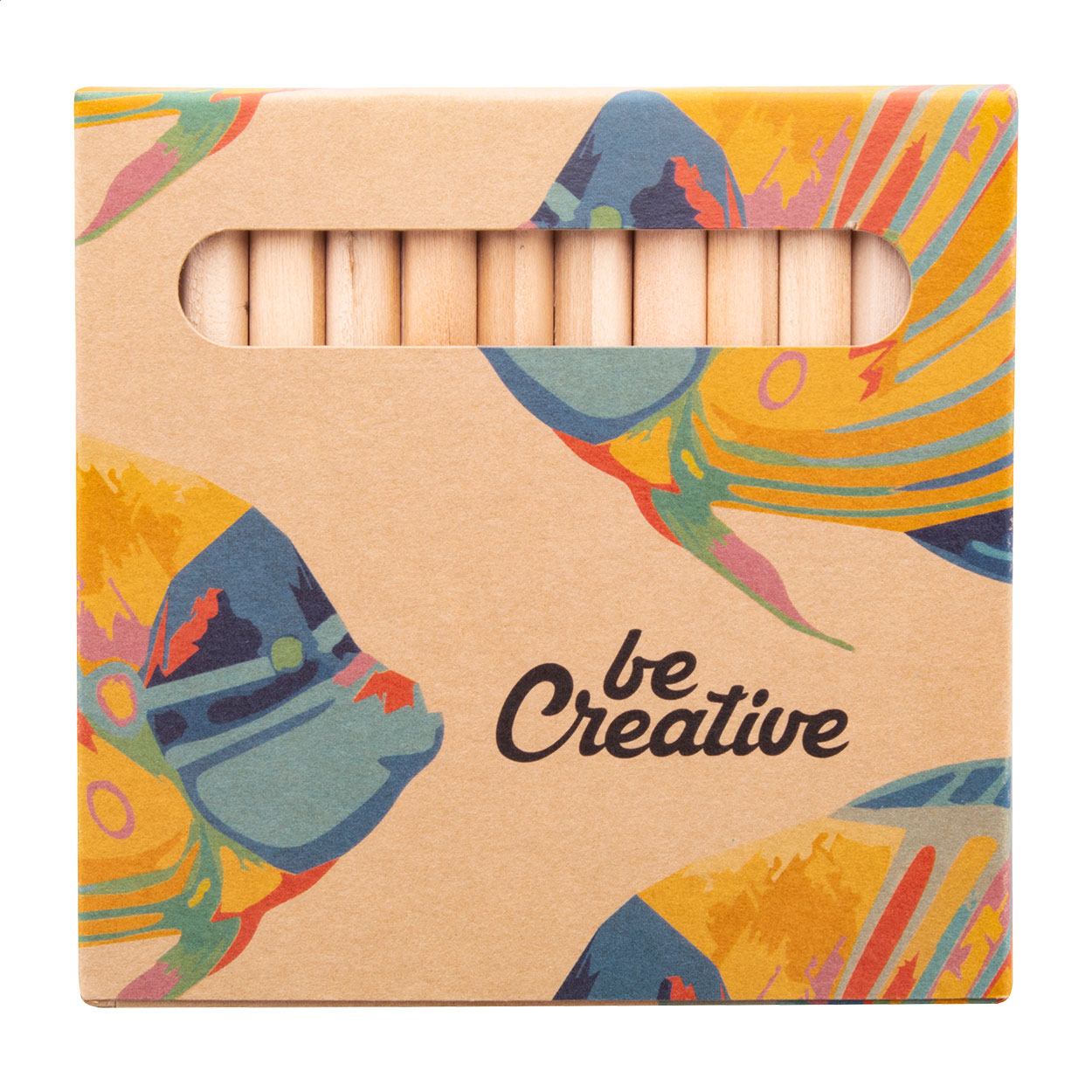 Matite colorate in legno (12 pezzi) in scatola di cartoncino kraft stampato a colori — gadget promozionale personalizzabile con il tuo logo