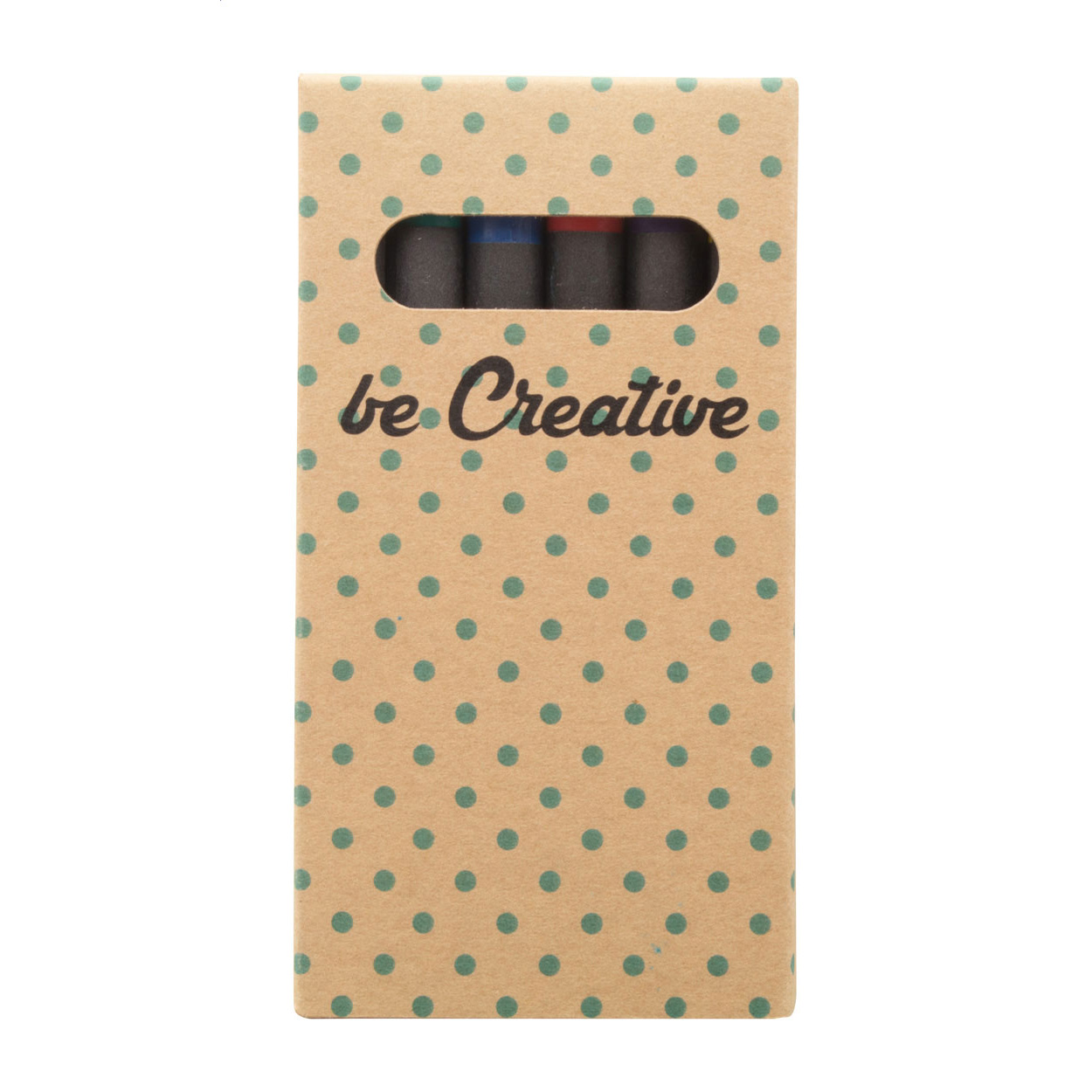 Pastelli colorati ricoperti di carta nera (6 pezzi) in una scatola di cartoncino kraft stampata a colori — gadget promozionale personalizzabile con il tuo logo