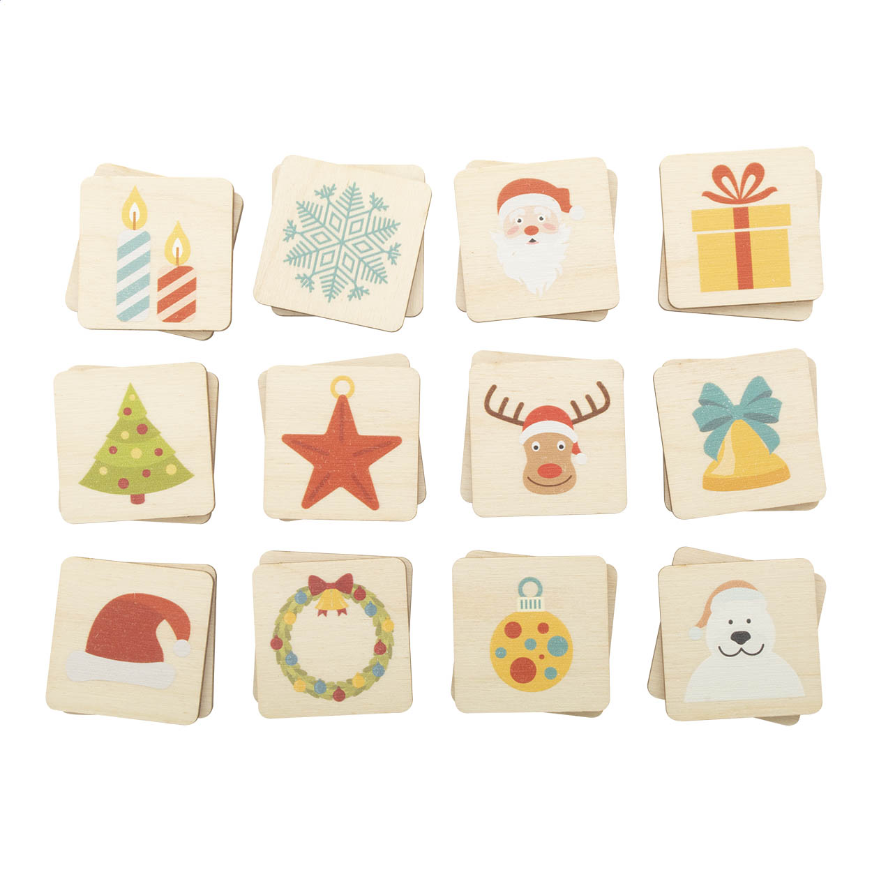 Gioco di memoria composto da 24 tessere (40x40 mm) in compensato di betulla laminato con soggetti natalizi — gadget promozionale personalizzabile con il tuo logo