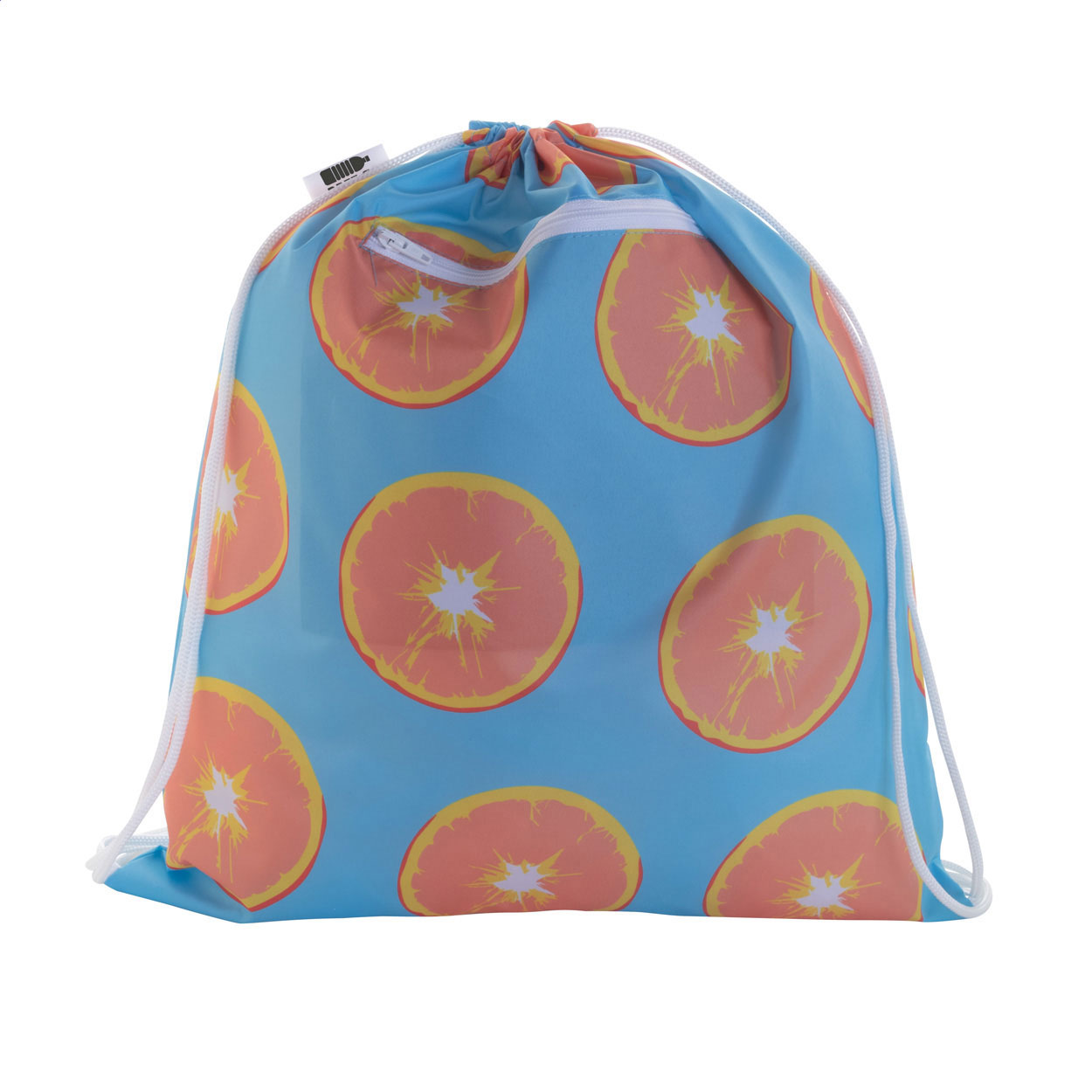 Sacca con coulisse personalizzabile in poliestere 190T, tasca frontale con zip e protezione RFID — gadget promozionale personalizzabile con il tuo logo