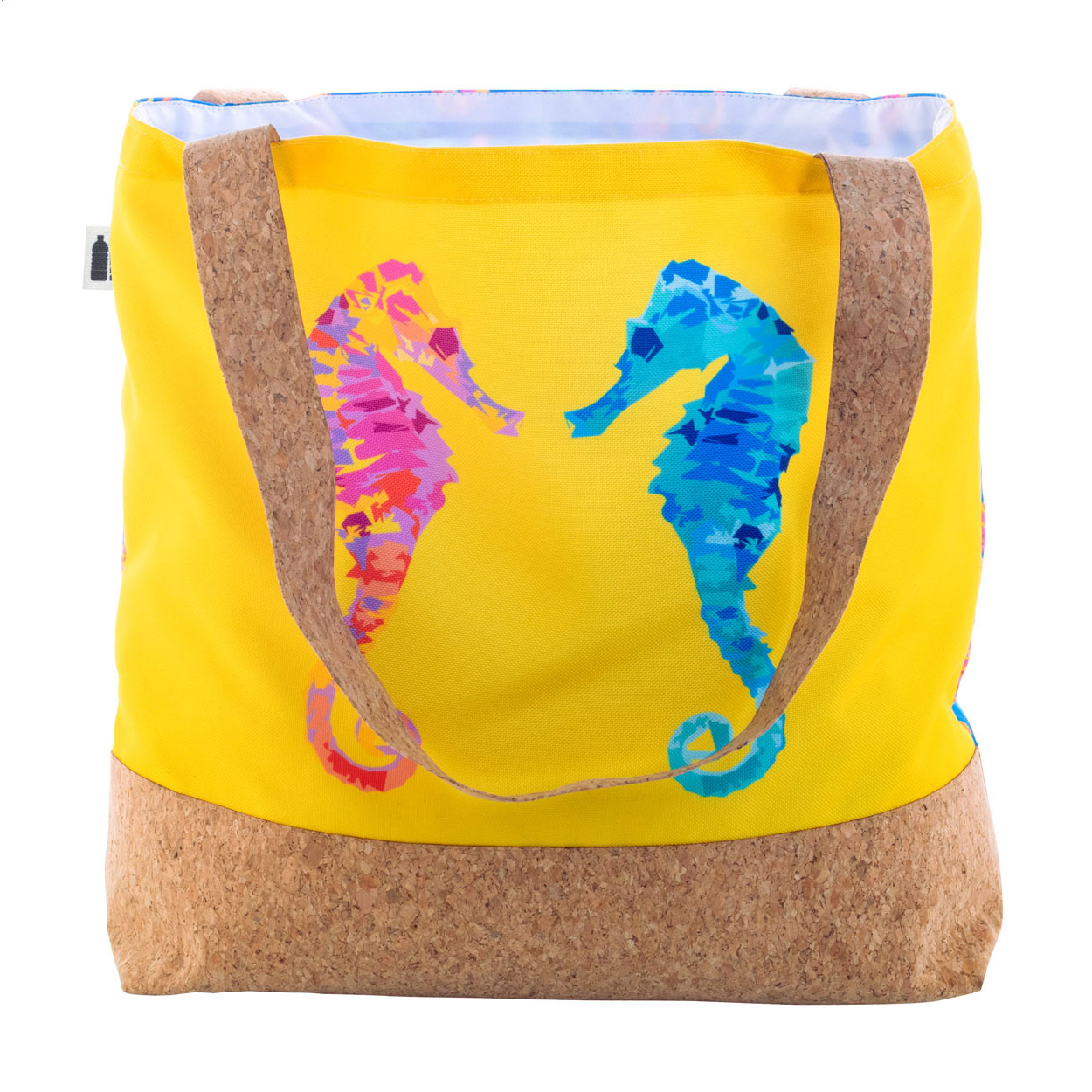 Borsa da spiaggia personalizzabile in poliestere RPET 600D e sughero naturale — gadget promozionale personalizzabile con il tuo logo