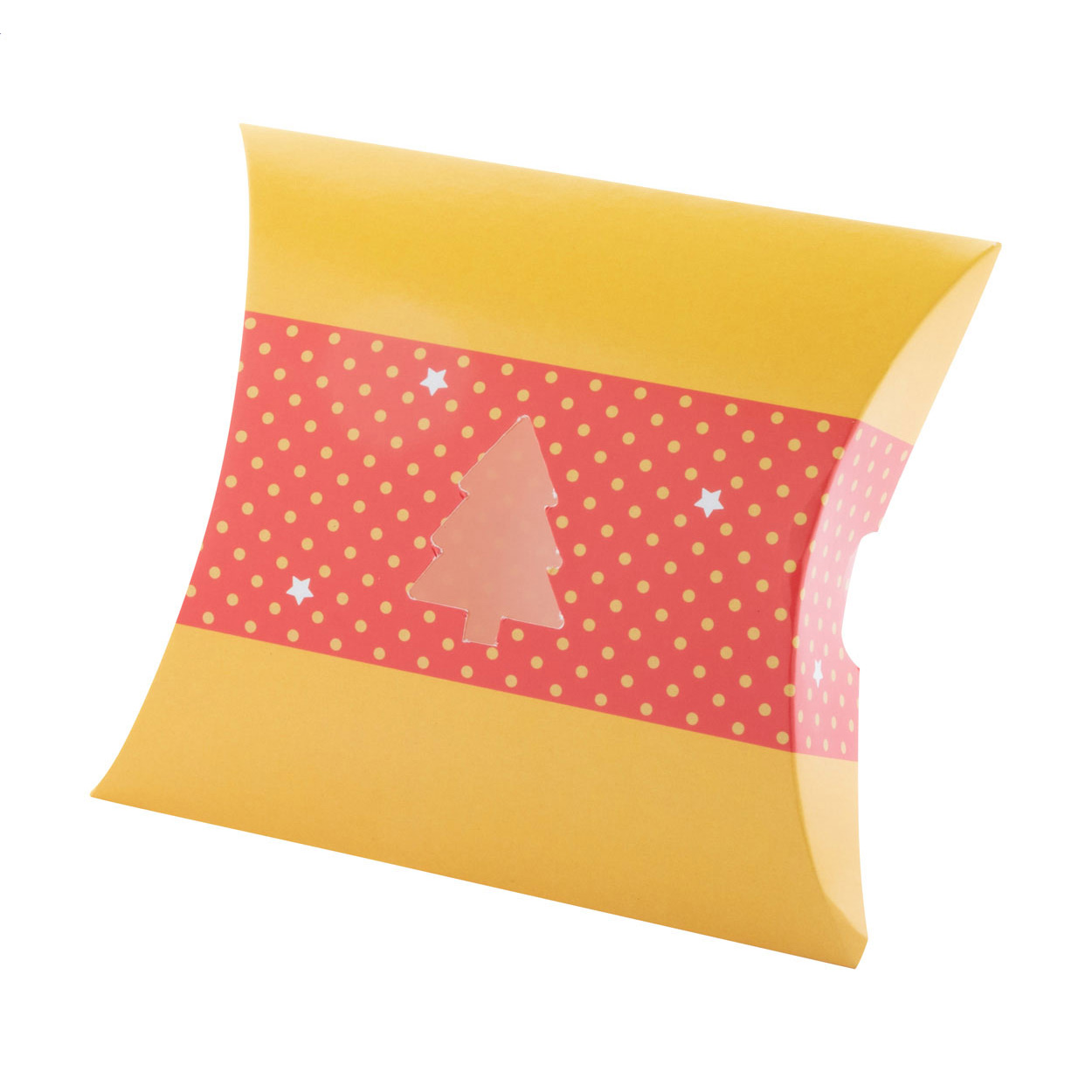 Scatola bomboniera in cartoncino personalizzabile a colori con finestra fustellata a forma di albero di Natale — gadget promozionale personalizzabile con il tuo logo