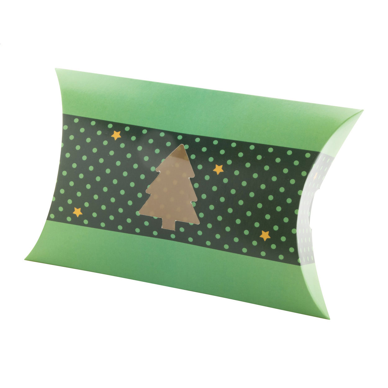 Scatola bomboniera in cartoncino personalizzabile a colori con finestra fustellata a forma di albero di Natale — gadget promozionale personalizzabile con il tuo logo