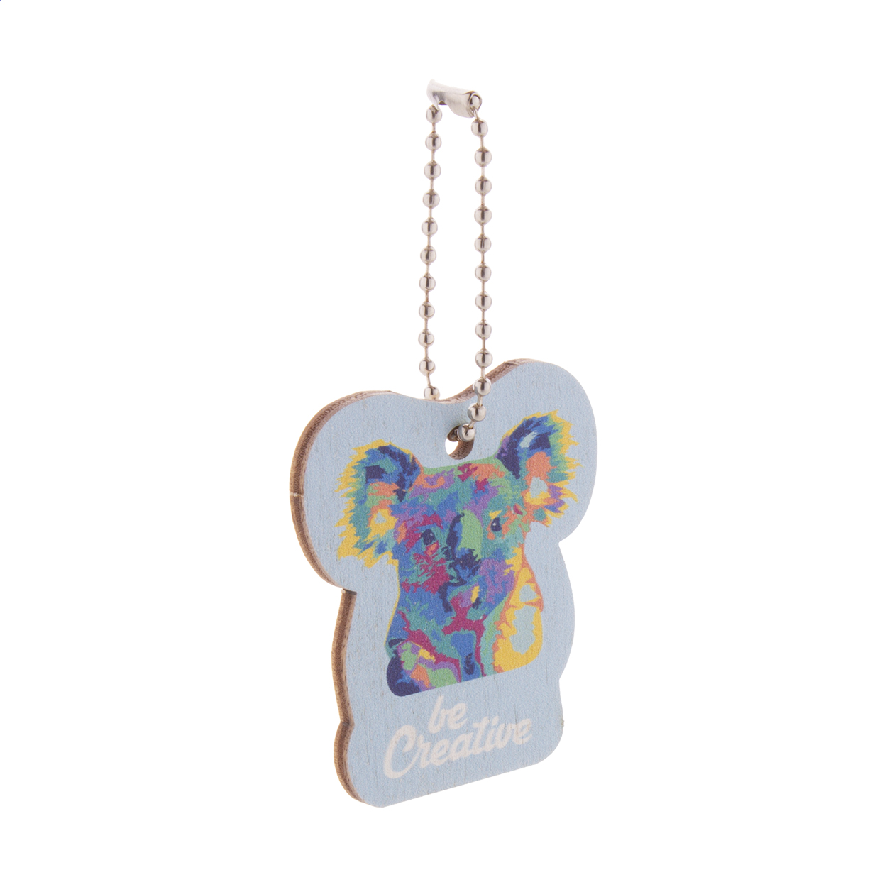 Portachiavi personalizzabile in multistrato di betulla con stampa a colori e catenella in metallo — gadget promozionale personalizzabile con il tuo logo