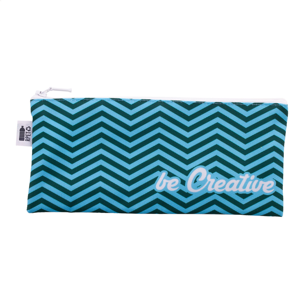 Astuccio per penne in poliestere 600D RPET con cerniera; personalizzabile con stampa in sublimazione su tutta la superficie ed etichetta RPET — gadget promozionale personalizzabile con il tuo logo