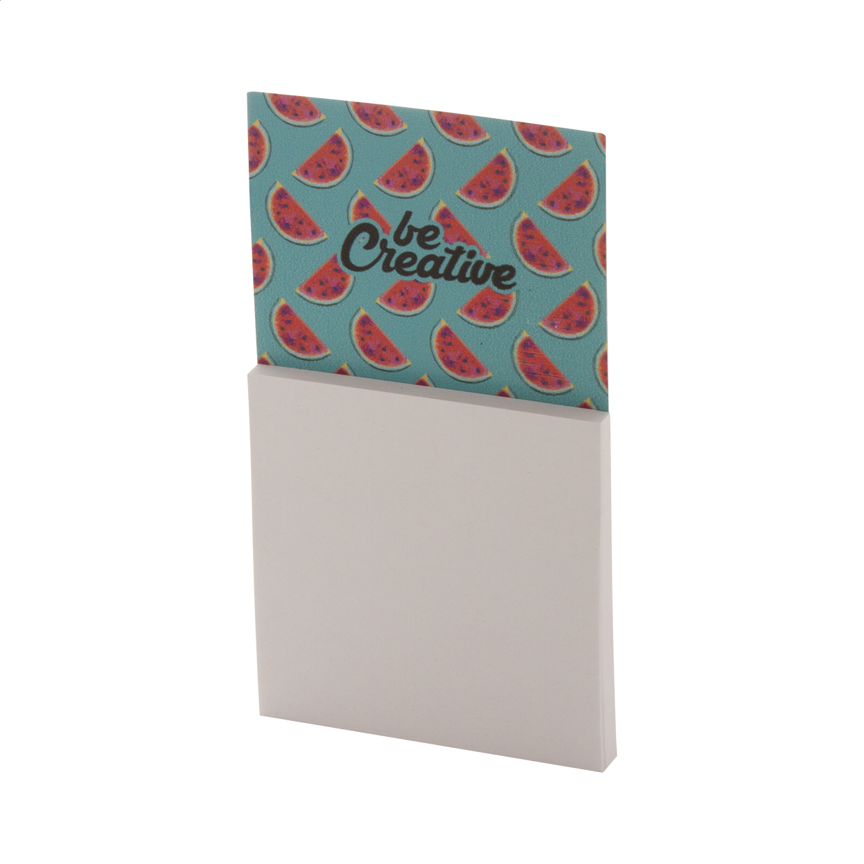 Magnete da frigo personalizzabile con stampa in quadricromia, con blocco di 50 foglietti adesivi in carta riciclata (75×75 mm) — gadget promozionale personalizzabile con il tuo logo