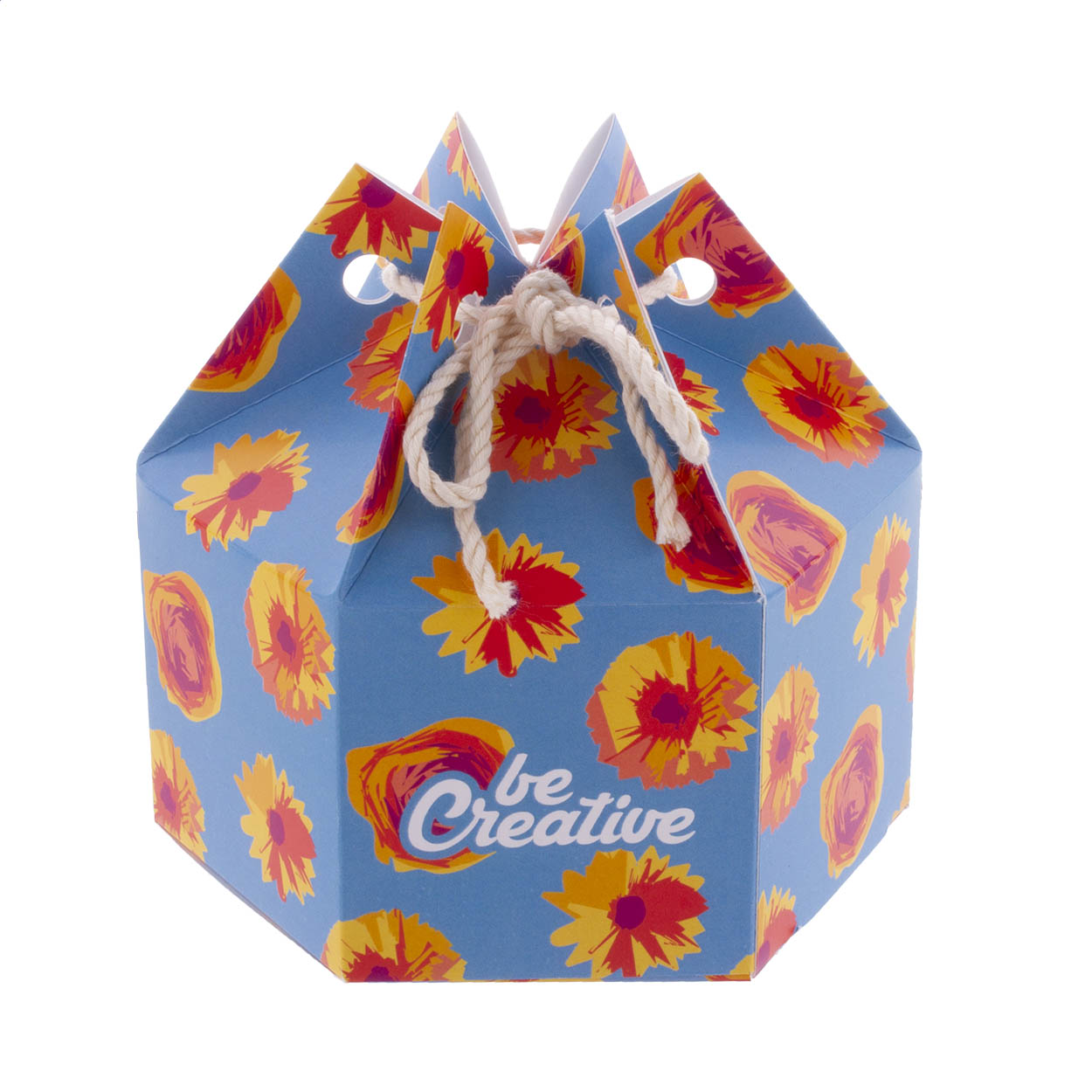 Scatola regalo esagonale in cartoncino personalizzabile a colori, con chiusura a cordoncino — gadget promozionale personalizzabile con il tuo logo