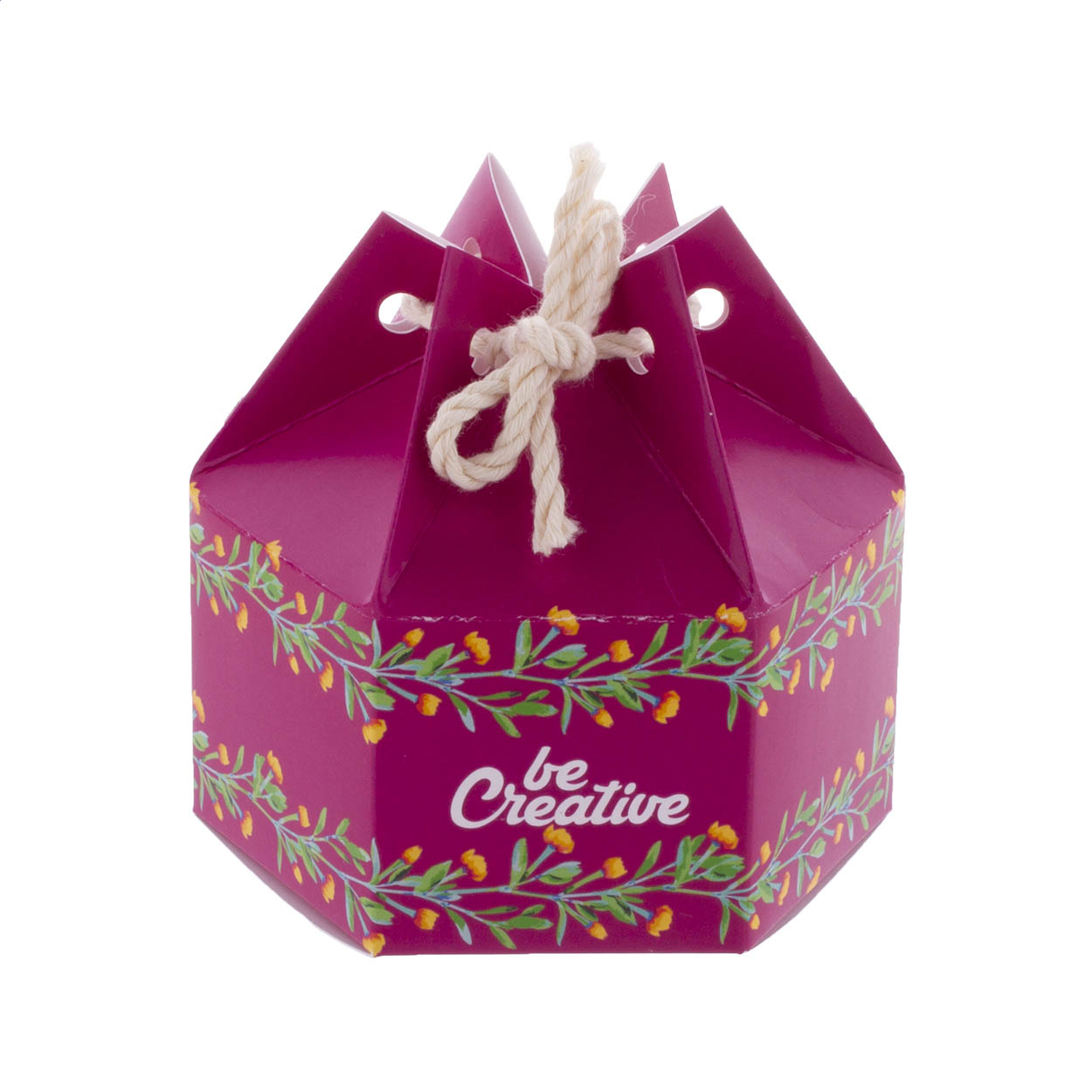 Scatola regalo esagonale in cartoncino personalizzabile a colori, con chiusura a cordoncino — gadget promozionale personalizzabile con il tuo logo