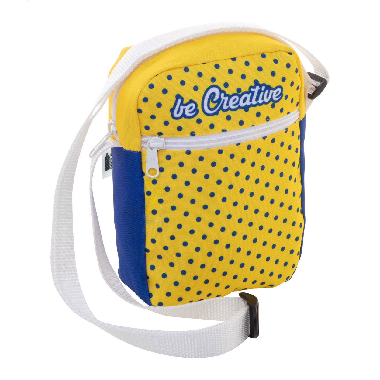 Borsa a tracolla verticale su misura in poliestere 600D RPET con scomparto dotato di cerniera e tasca frontale — gadget promozionale personalizzabile con il tuo logo