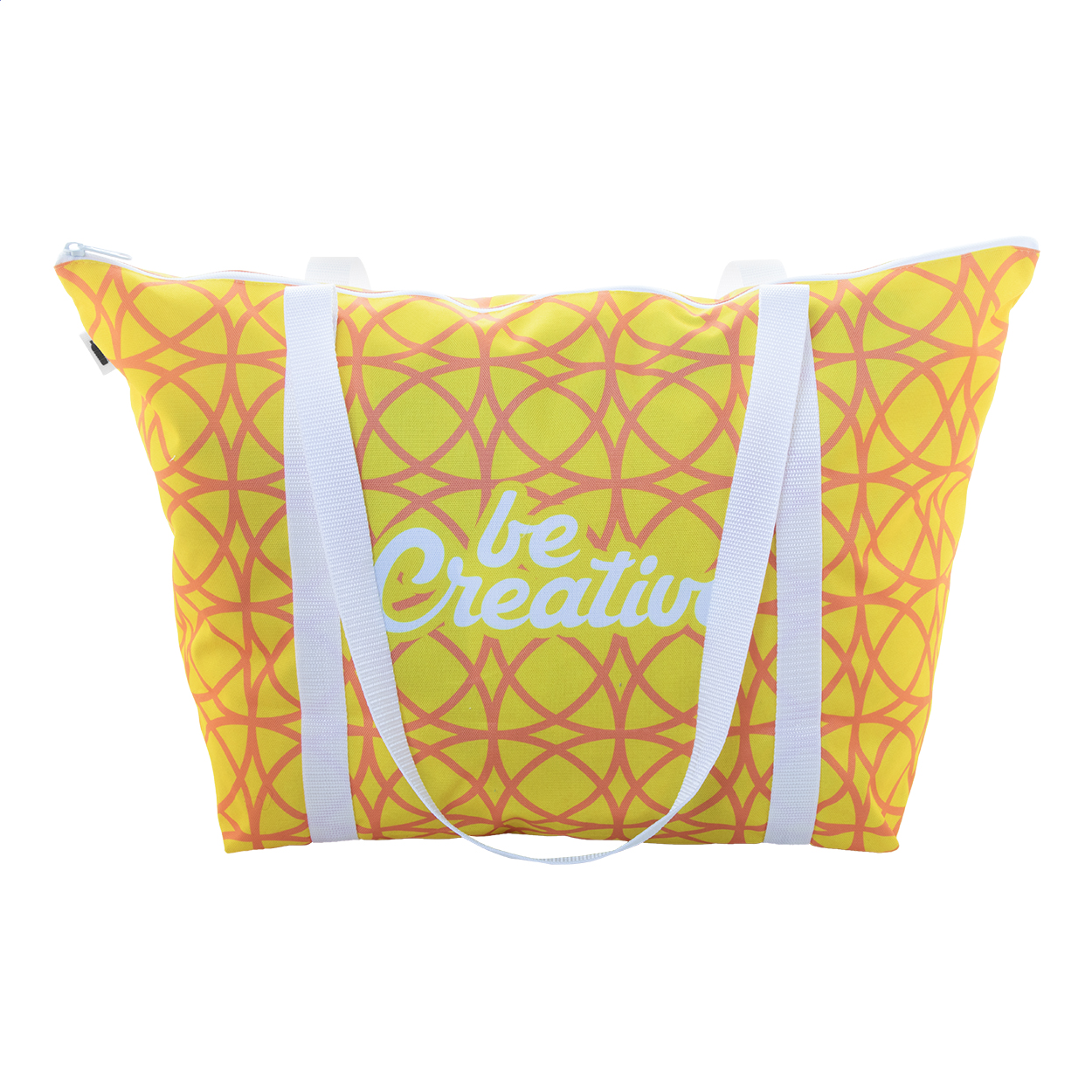 Borsa shopper da spiaggia in poliestere 600D RPET con cerniera, manici lunghi ed etichetta RPET — gadget promozionale personalizzabile con il tuo logo