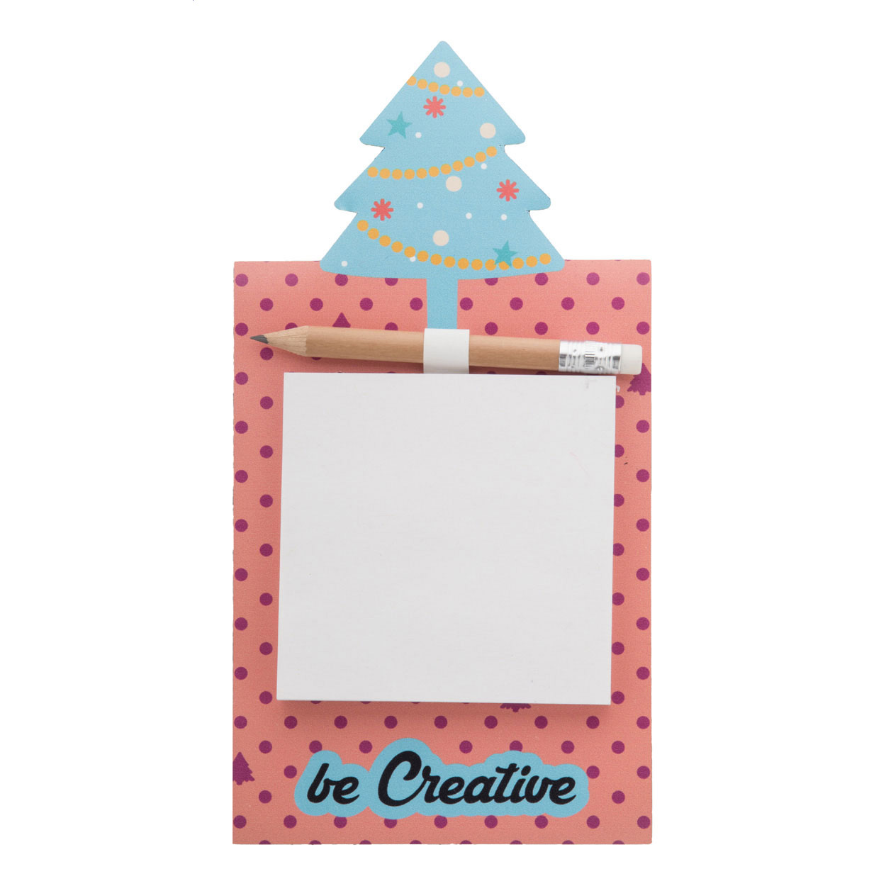 Magnete da frigo personalizzabile, stampato a colori con decorazione albero di Natale, blocchetto da 50 foglietti adesivi in carta riciclata (75×75 mm) e mini matita di legno — gadget promozionale personalizzabile con il tuo logo