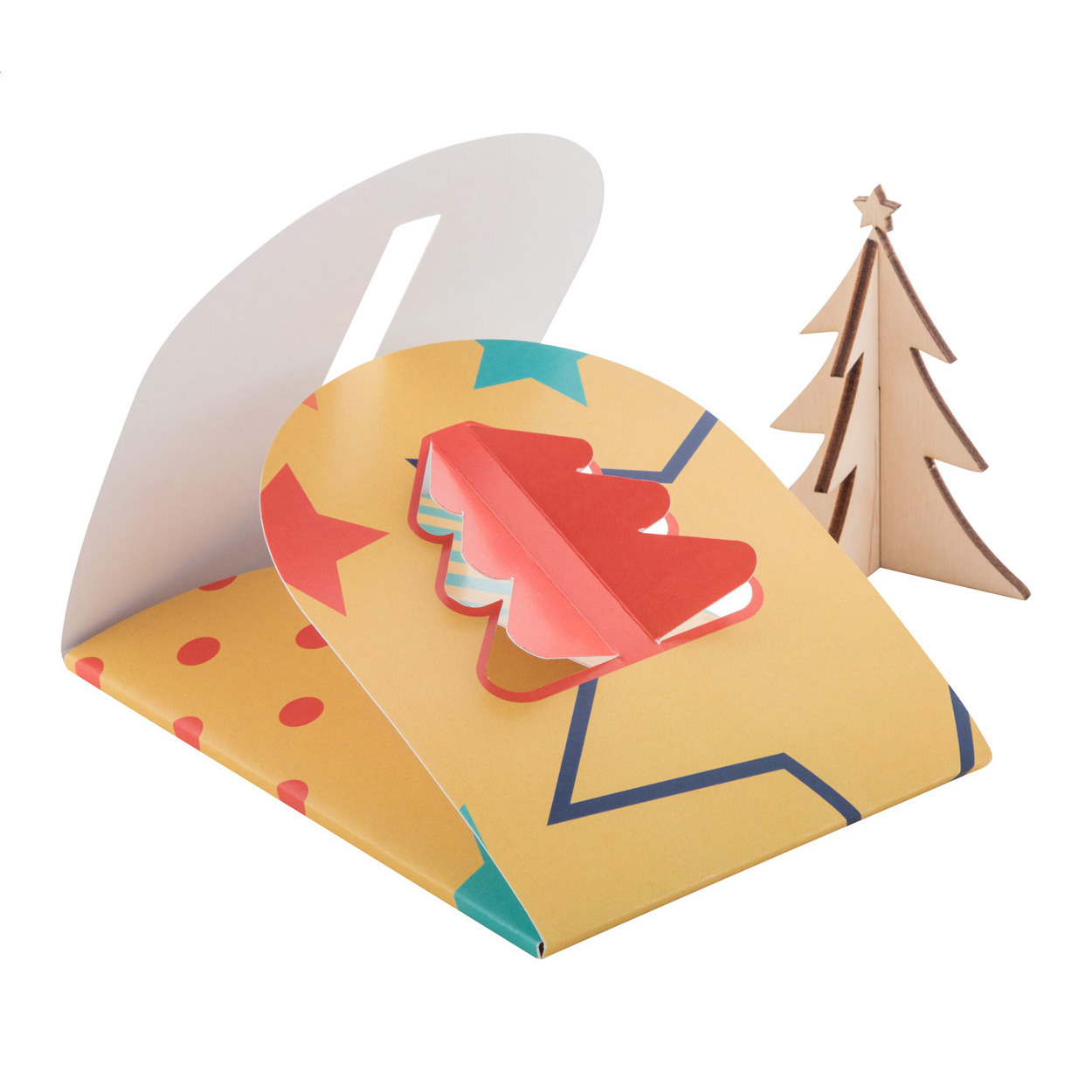 Biglietto natalizio ripiegabile in carta, con grafica personalizzata e fustellatura a forma di albero di Natale sulla copertina, comprensivo di puzzle in legno a forma di albero di Natale — gadget promozionale personalizzabile con il tuo logo