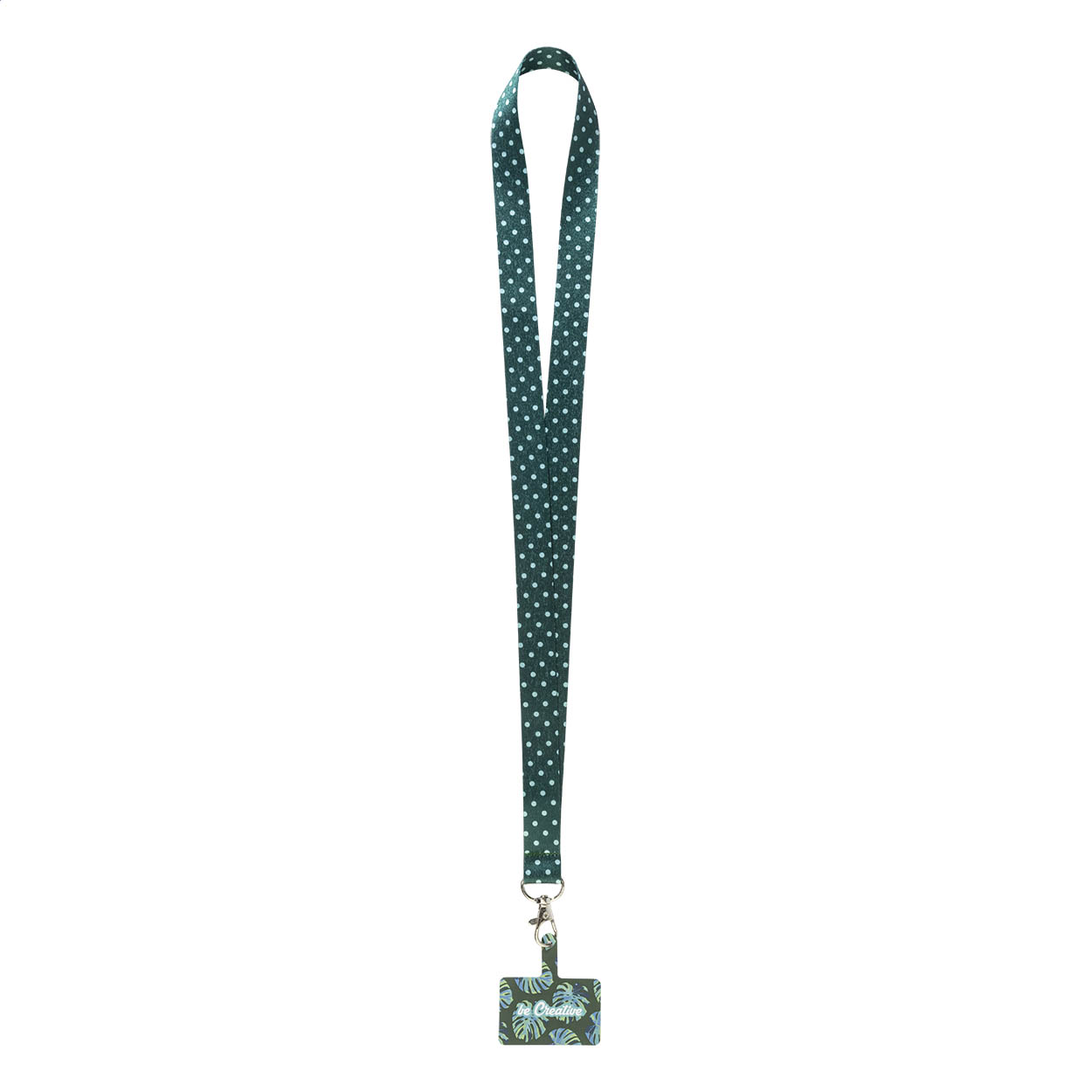 Lanyard portacellulare in RPET personalizzabile con grafica stampata in sublimazione su entrambi i lati, moschettone in metallo ed inserto porta cellulare in carta antistrappo stampato a colori — gadget promozionale personalizzabile con il tuo logo
