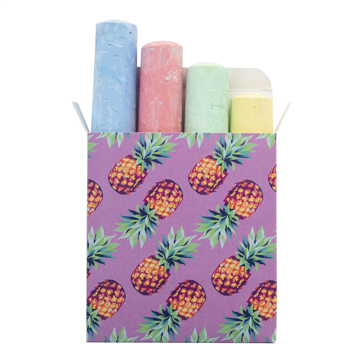 Set di 4 gessetti colorati in scatola di cartoncino stampato a colori — gadget promozionale personalizzabile con il tuo logo