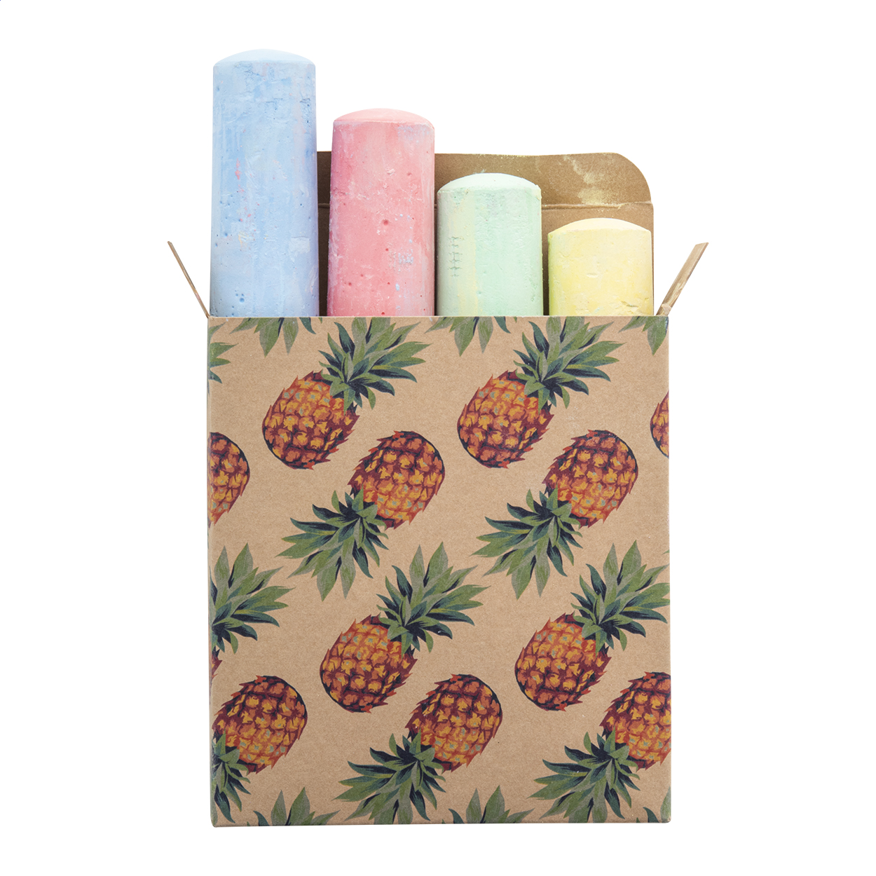 Set di 4 gessetti colorati in scatola di cartoncino kraft stampato a colori — gadget promozionale personalizzabile con il tuo logo