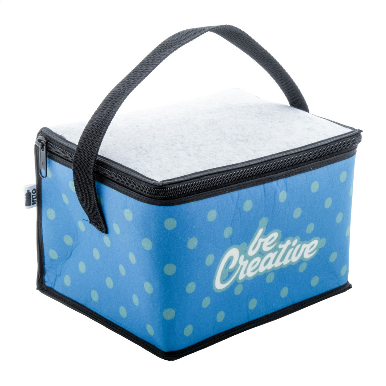 Borsa termica in feltro RPET per 6 lattine da 330ml con cerniera, personalizzabile sul lato anteriore con stampa a colori, imbottitura in alluminio ed etichetta RPET — gadget promozionale personalizzabile con il tuo logo