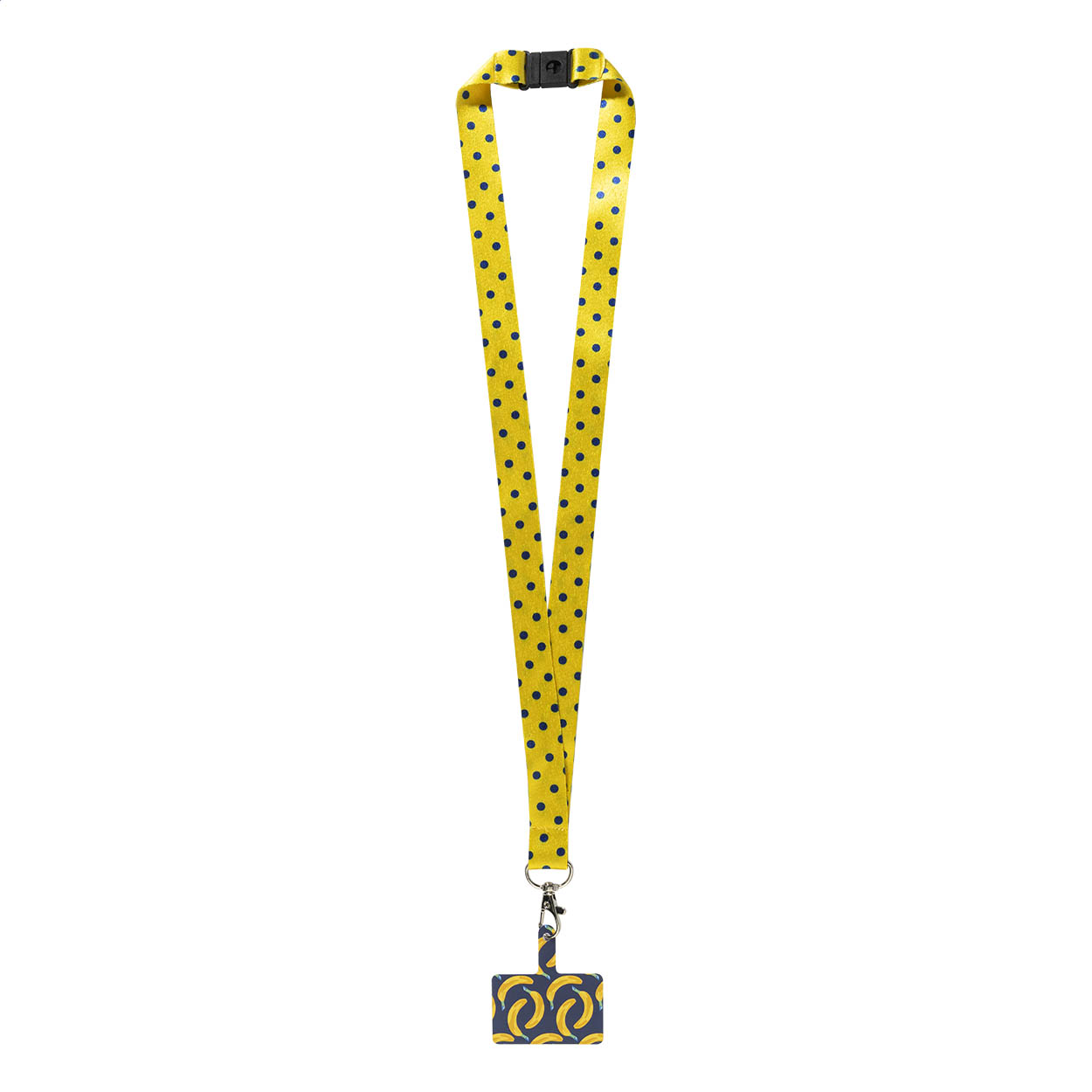 Lanyard portacellulare in RPET personalizzabile con grafica stampata in sublimazione su entrambi i lati, moschettone in metallo, fibbia di sicurezza e inserto per cellulare in carta antistrappo stampato a colori — gadget promozionale personalizzabile con il tuo logo