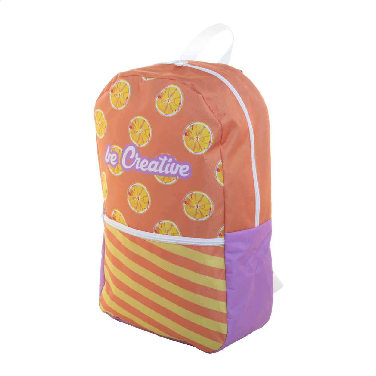 Zaino in RPET personalizzabile con scomparto principale e tasca frontale con cerniera, schienale, spallacci imbottiti e grafica stampata in sublimazione su tutta la superficie — gadget promozionale personalizzabile con il tuo logo