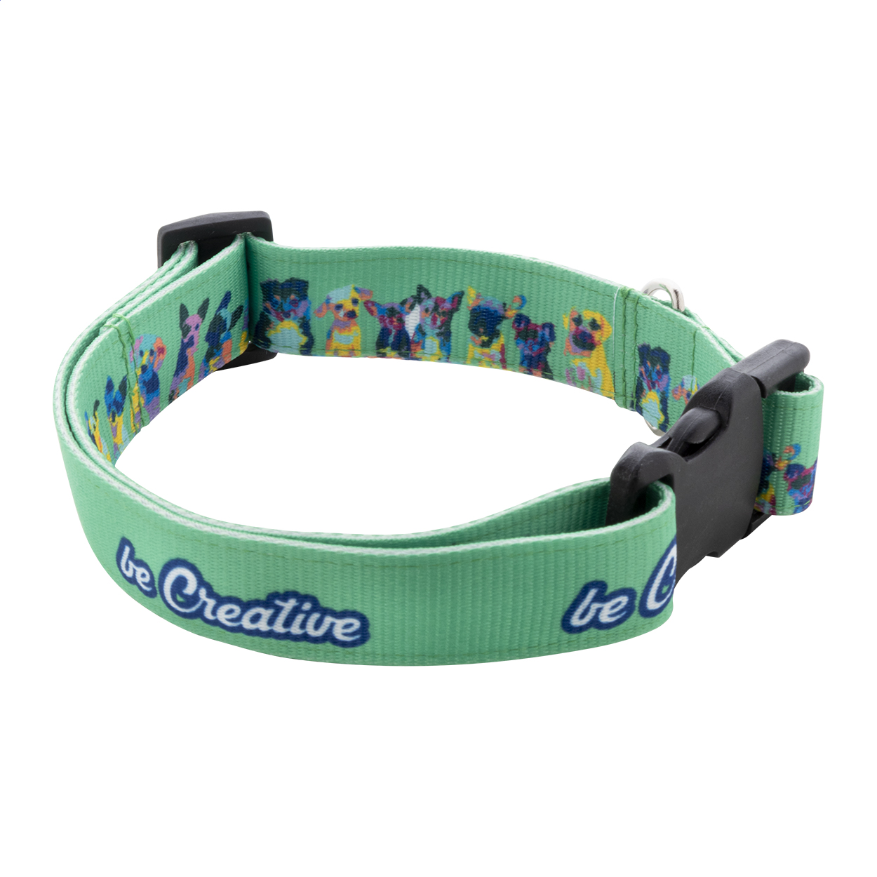 Collare per cani in poliestere personalizzabile con stampa in sublimazione su entrambi i lati, moschettone in plastica e anello in metallo — gadget promozionale personalizzabile con il tuo logo