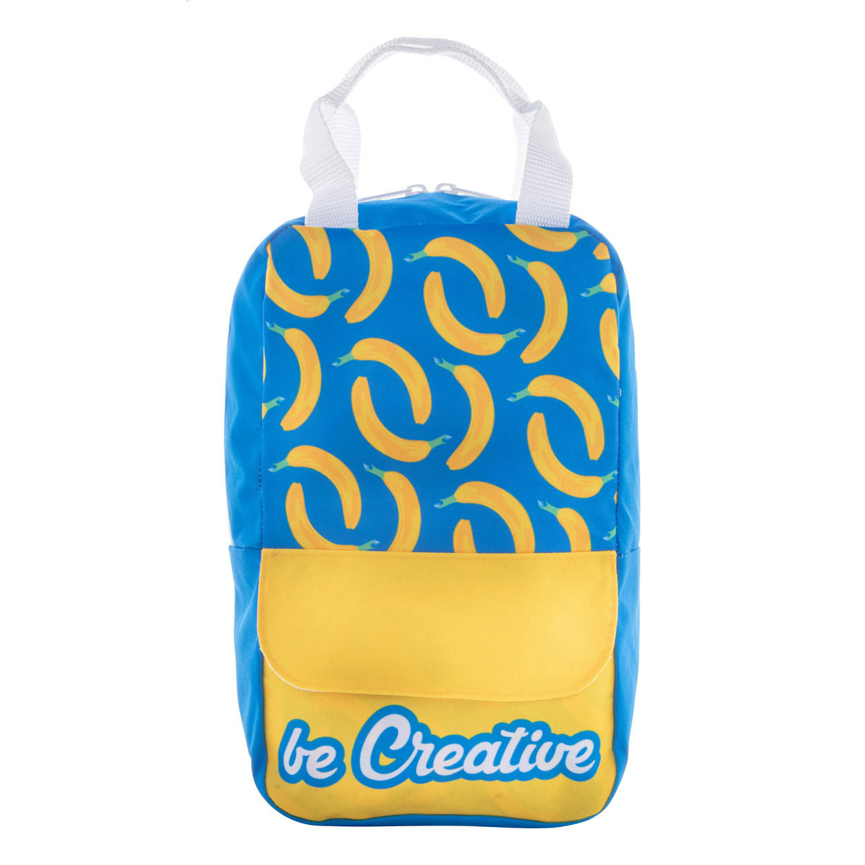 Mini zaino in poliestere 600D RPET con scomparto principale chiuso da cerniera e tasca frontale con chiusura a pressione — gadget promozionale personalizzabile con il tuo logo
