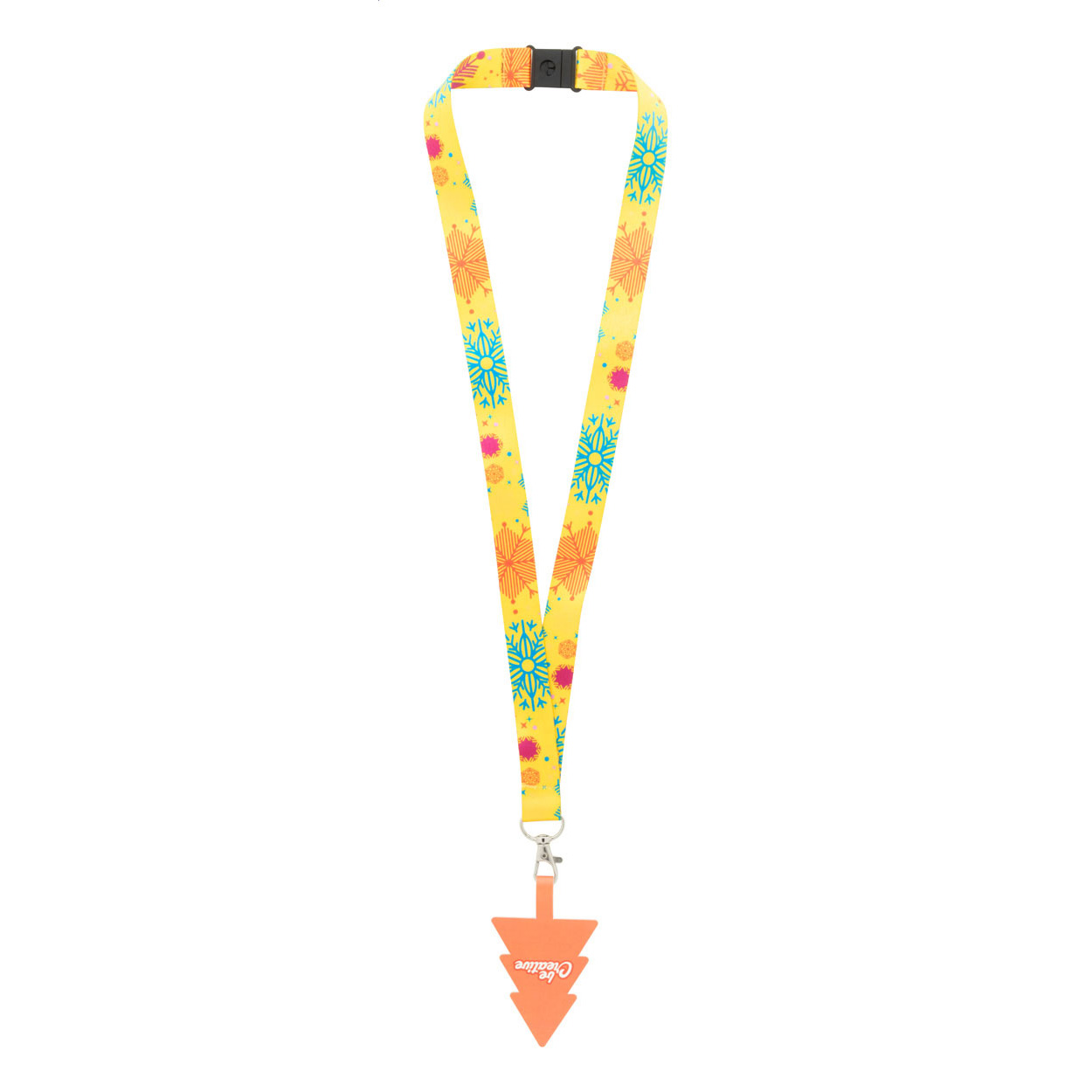 Lanyard portacellulare in RPET personalizzabile con grafica stampata in sublimazione su entrambi i lati, moschettone in metallo, chiusura di sicurezza ed inserto portacellulare a forma di albero di Natale in carta antistrappo stampato in quadricromia — gadget promozionale personalizzabile con il tuo logo