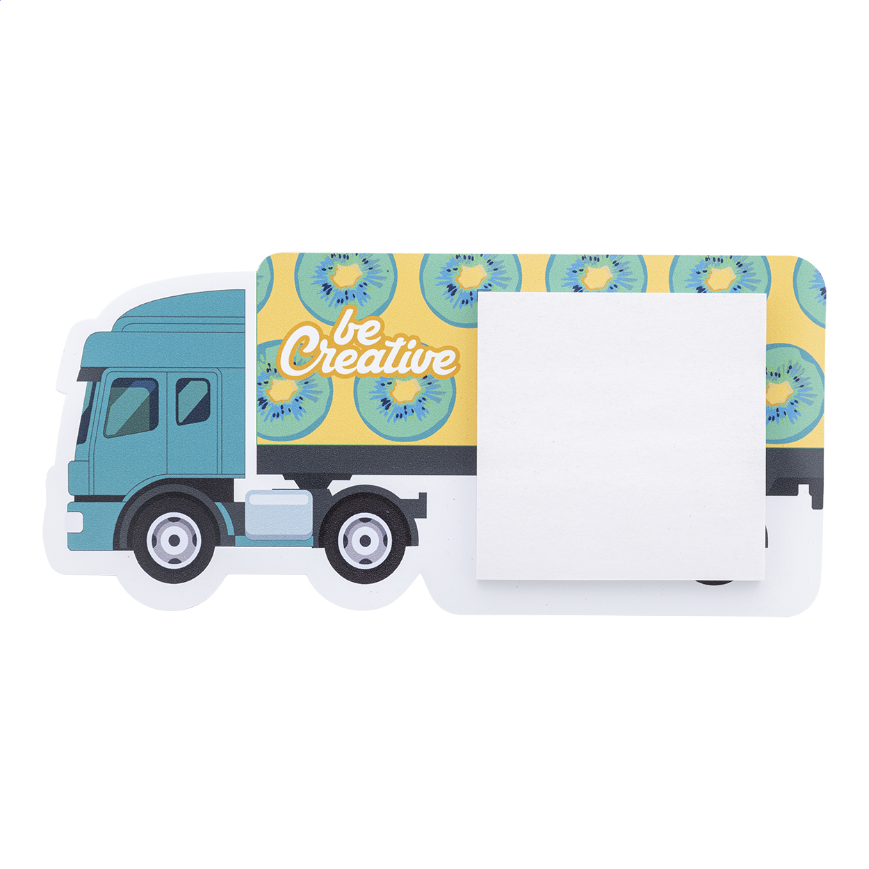 Magnete per frigorifero a forma di camion personalizzabile con stampa a colori e blocco per appunti da 50 foglietti adesivi in carta riciclata (75×75 mm) — gadget promozionale personalizzabile con il tuo logo