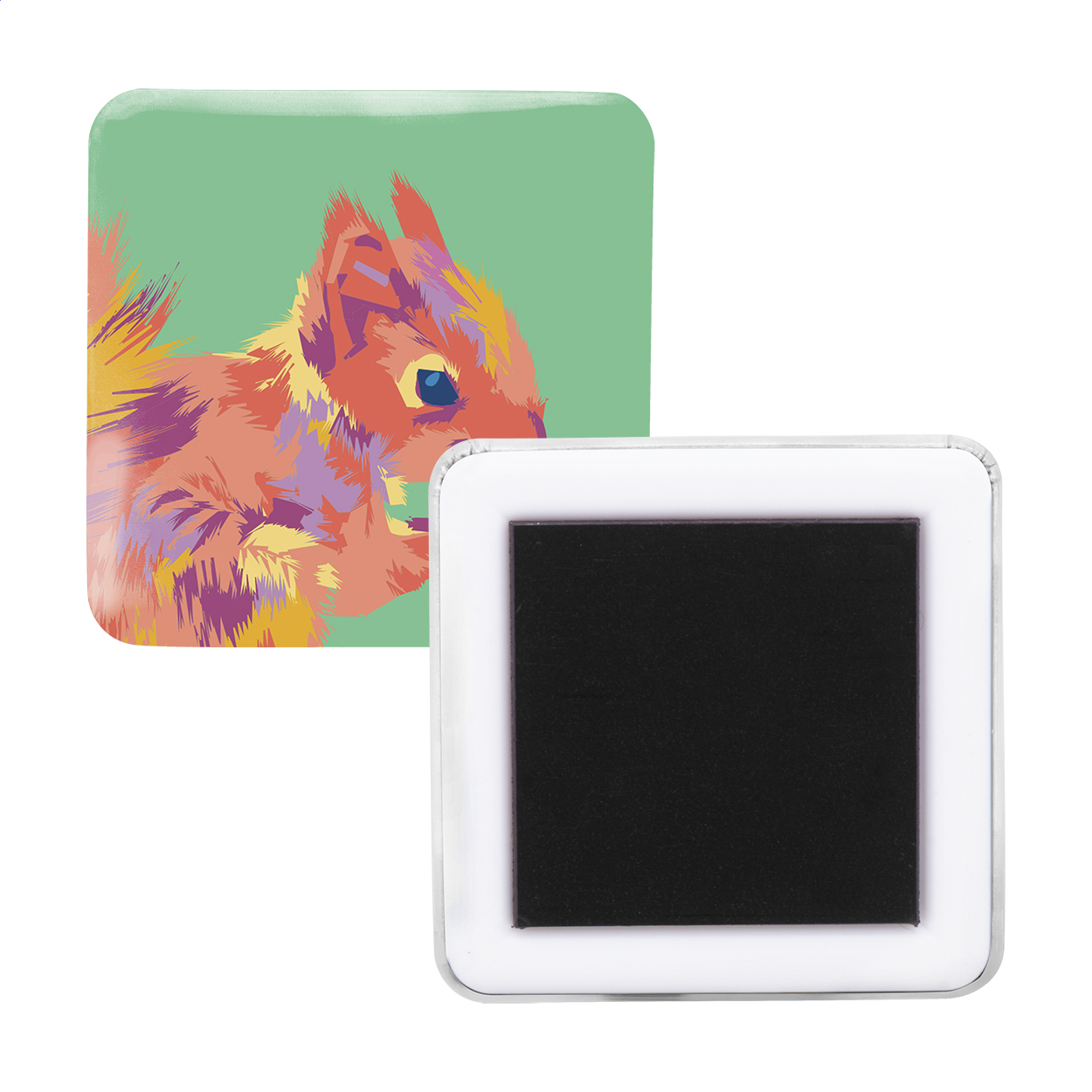 Magnete frigo quadrato con inserto cartaceo personalizzabile a colori — gadget promozionale personalizzabile con il tuo logo