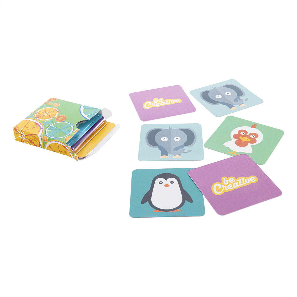Gioco di memoria composto da 24 tessere in cartoncino (55x55mm) con motivi tematici, in scatola di cartoncino personalizzabile — gadget promozionale personalizzabile con il tuo logo