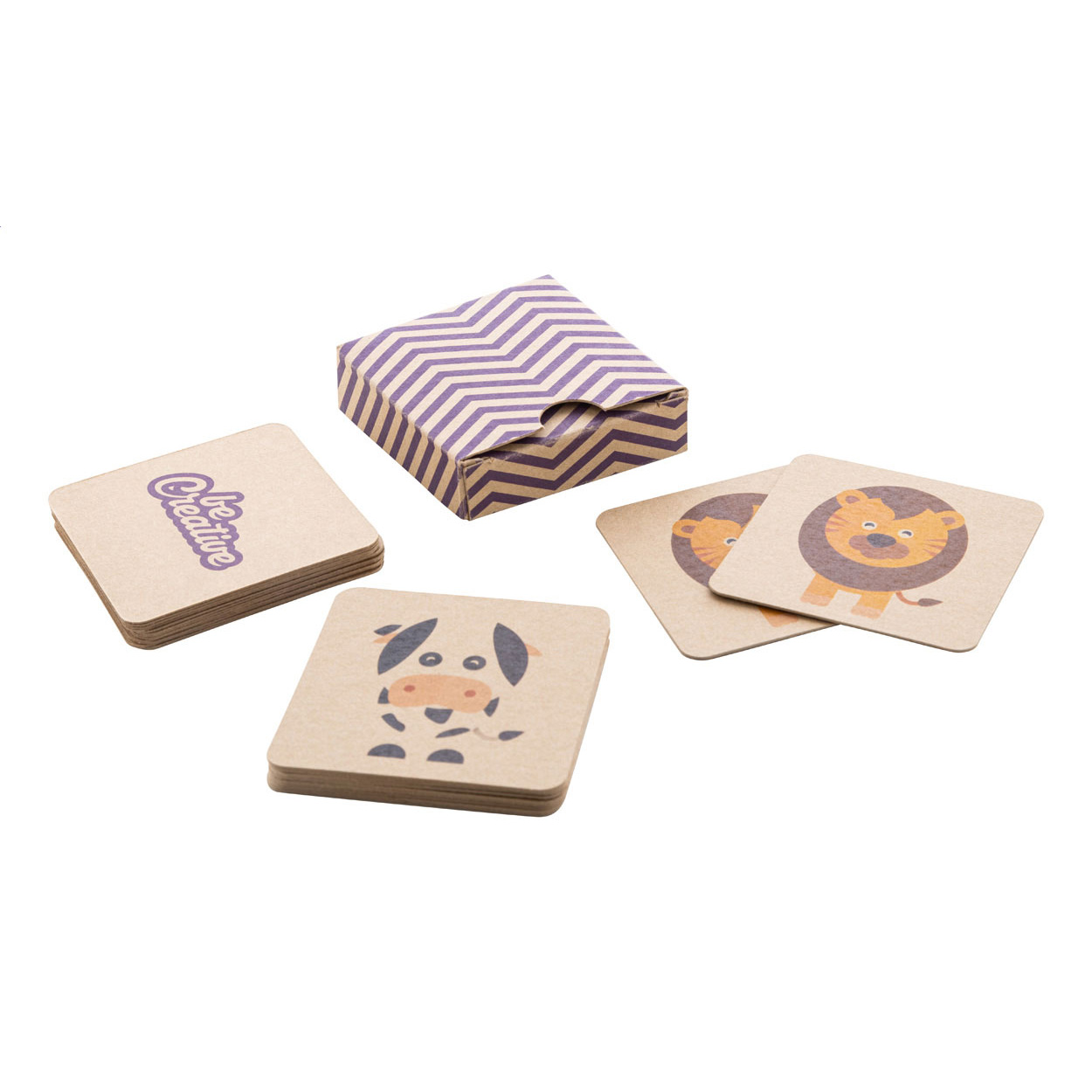 Gioco di memoria composto da 24 tessere in cartoncino kraft (55x55mm) con motivi tematici, in scatola di cartoncino kraft personalizzabile — gadget promozionale personalizzabile con il tuo logo